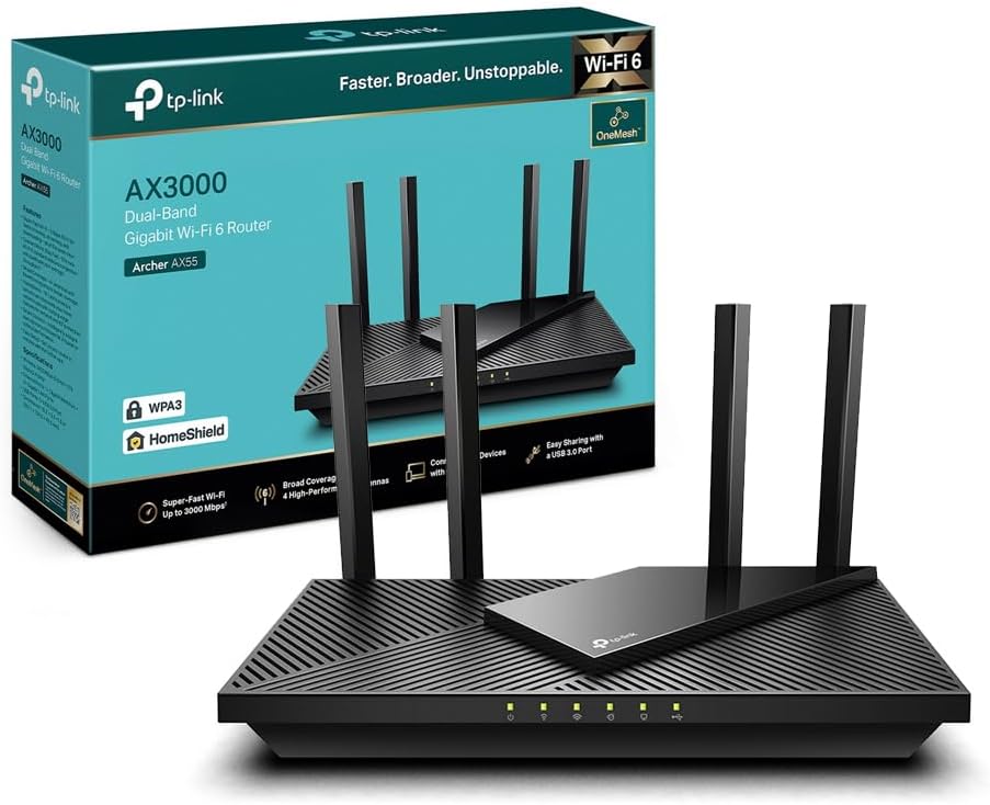 Migliori router gaming 2 TP-Link Archer AX55 Router WiFi 6 Dual-Band AX3000Mbps, 5 Porte Gigabit, 1 Porta USB 3.0, TP-Link HomeShield, OneMesh, Router F (FTTH | FTTB | Ethernet)