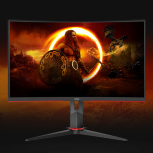 Copertina della recensione AOC CQ27G2S BK in cui si vede il monitor con uno sfondo apocalittico