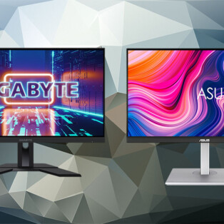 Testo alternativo: "Copertina della guida ai migliori monitor da 27 pollici per gaming e lavoro, mostrando due monitor posizionati fianco a fianco su uno sfondo astratto geometrico. Il monitor di destra è ottimizzato per il lavoro, con un'immagine nitida che evidenzia la grafica professionale, mentre quello di sinistra è un monitor da gaming, con colori vivaci e dettagli di gioco intensi.