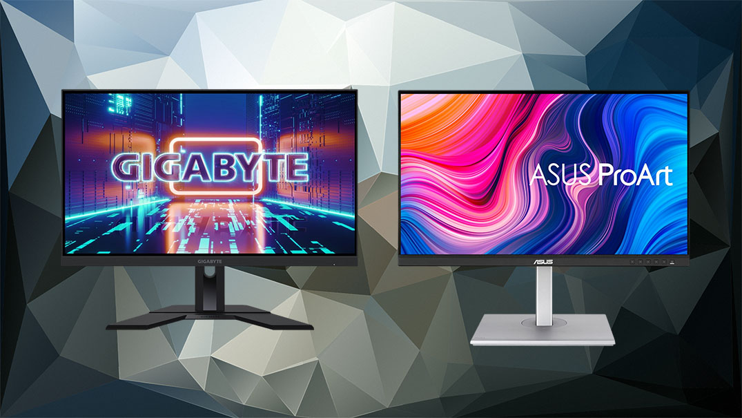 Migliori monitor 27 pollici Gaming e lavoro 1 Testo alternativo: "Copertina della guida ai migliori monitor da 27 pollici per gaming e lavoro, mostrando due monitor posizionati fianco a fianco su uno sfondo astratto geometrico. Il monitor di destra è ottimizzato per il lavoro, con un'immagine nitida che evidenzia la grafica professionale, mentre quello di sinistra è un monitor da gaming, con colori vivaci e dettagli di gioco intensi.