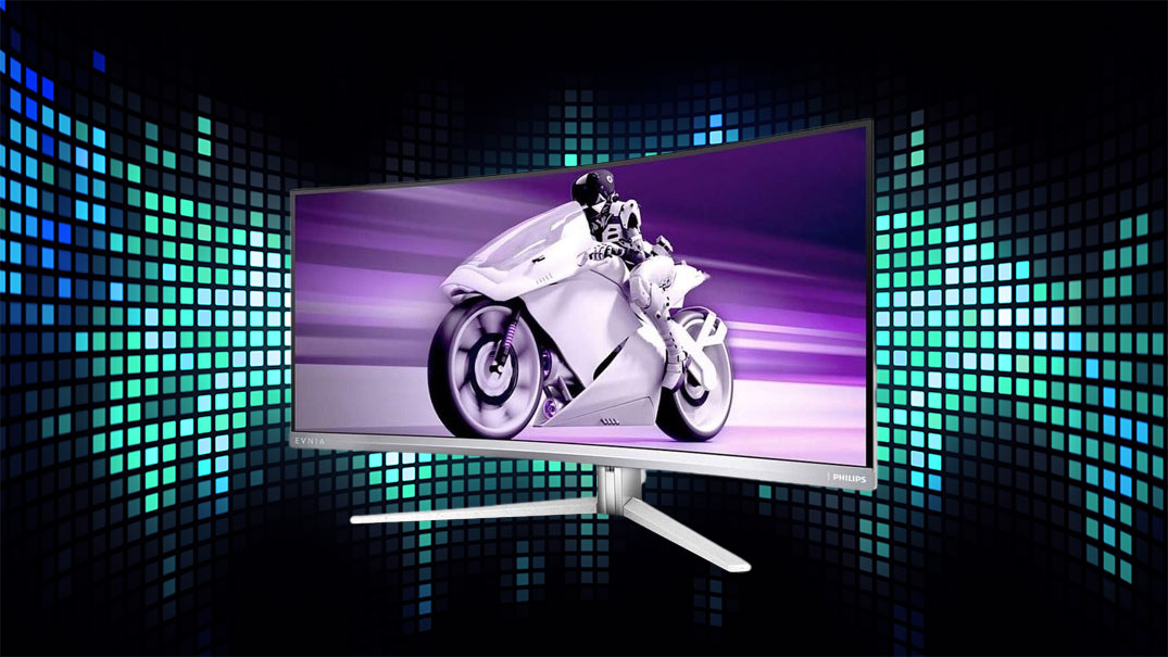 Immagine di uno dei migliori monitor curvi presenti sul mercato Philips Evnia 34M2C8600 con sfondo curvo tecnologico verde e nero